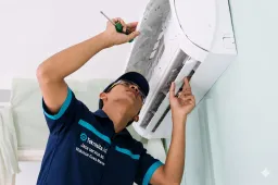 Teknisi teknisita.id memeriksa komponen dalam unit AC indoor