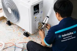 Teknisi teknisita.id memeriksa dan membersihkan unit outdoor AC